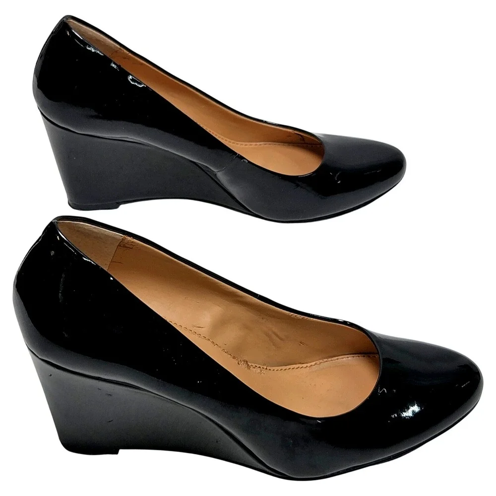 JCrew Sylvia Wedge Pumps Black Patent Leather Almond Toe Shoes US 6.5 EU 37